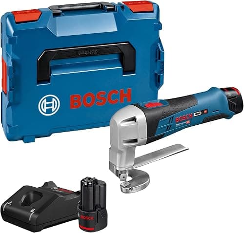 Bosch Professional 12V System ledningsfri pladesaks GSC 12V-13 (inkl. 2x 2,0 Ah batteri, hurtigoplader GAL 12V-40, unbrakonøgle, 1x øvre og nedre blad til pladesaks, L-BOXX-indsats, L-BOXX)