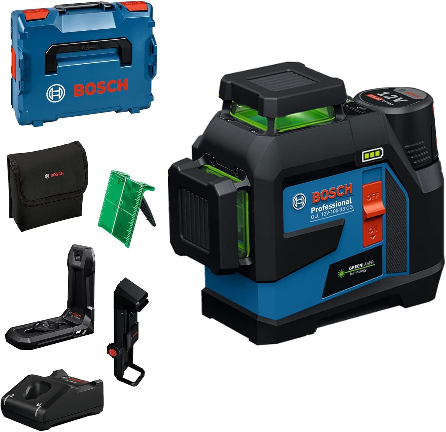 Bosch Professional line laser GLL 12V-100-33 CG | 3 x 360° grøn laser, arbejdsrækkevidde 100 m (radius) med modtager, LB 10, DK 20, GBA 12V 2.0Ah, GAL 12V-40, L-BOXX
