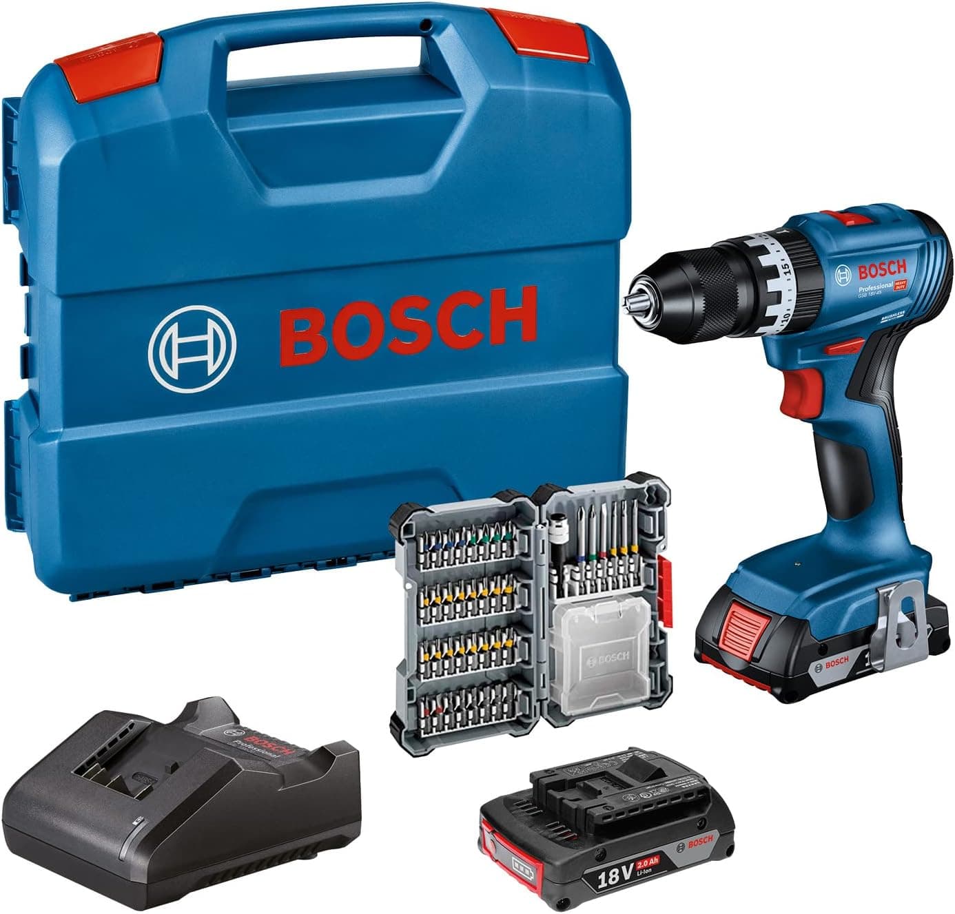 Bosch Professional 18V System batteridrevet slagboremaskine GSB 18V-45 (hastighed 1.900 min-1, inkl. 2x 2,0 Ah batteri, tilbehør, GAL 18V-20, L-Case) – Amazon Exclusive