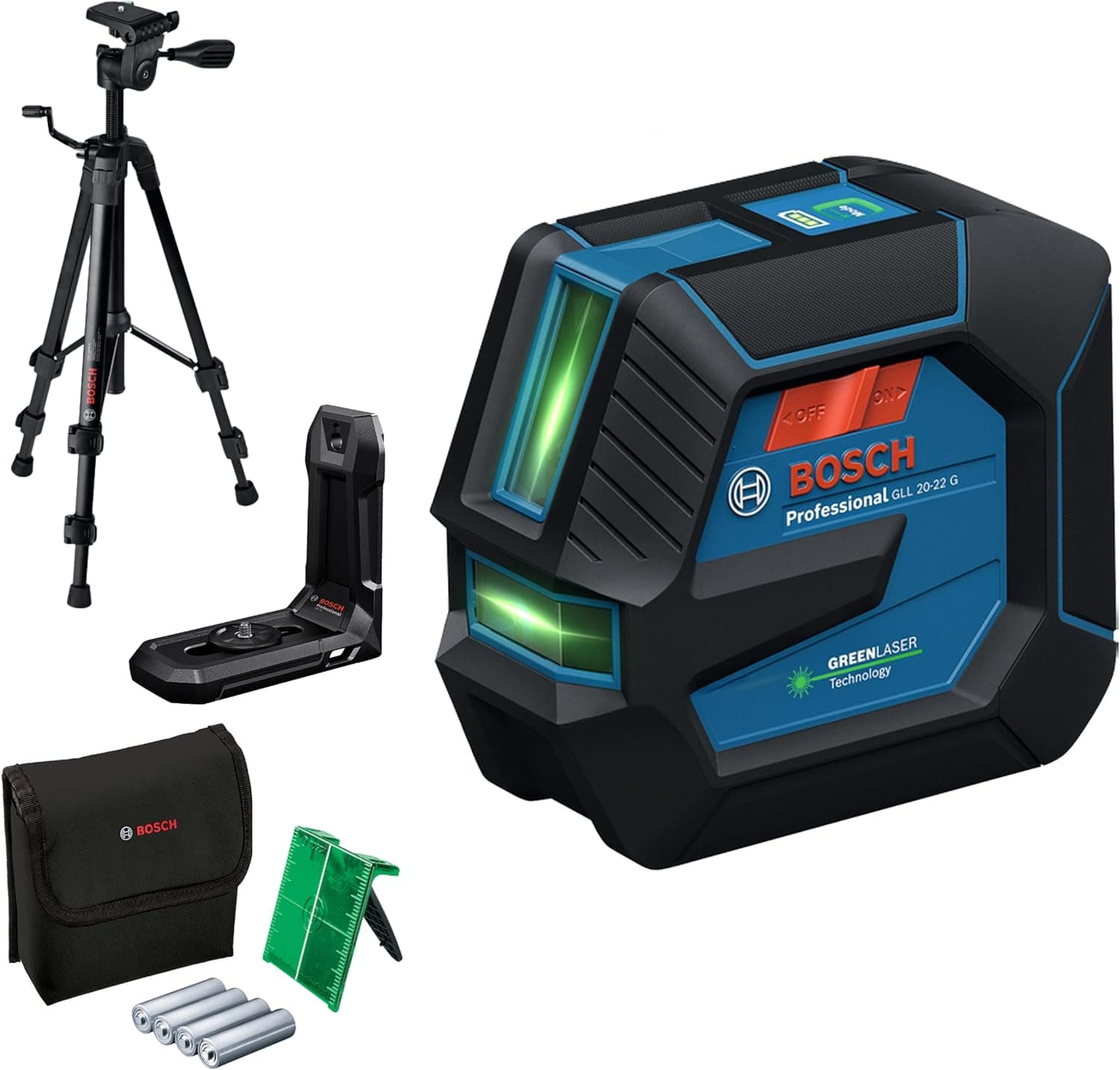 Bosch Professional Line Laser GLL 20-22 G | Holder LB 10, grøn laser, indendørs, dobbelt strømkilde, 2 x 1,5V LR6 batterier, beskyttelsesetui, stativ BT 150