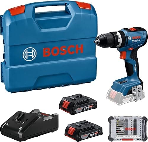 Bosch Professional 18V System batteridrevet boremaskine GSB 18V-65 (børsteløs motor, hovedlængde 175, inkl. 2x batteri 2,0 Ah, GAL 18V-40 oplader, 1x skruetrækkersæt, L-BOXX)