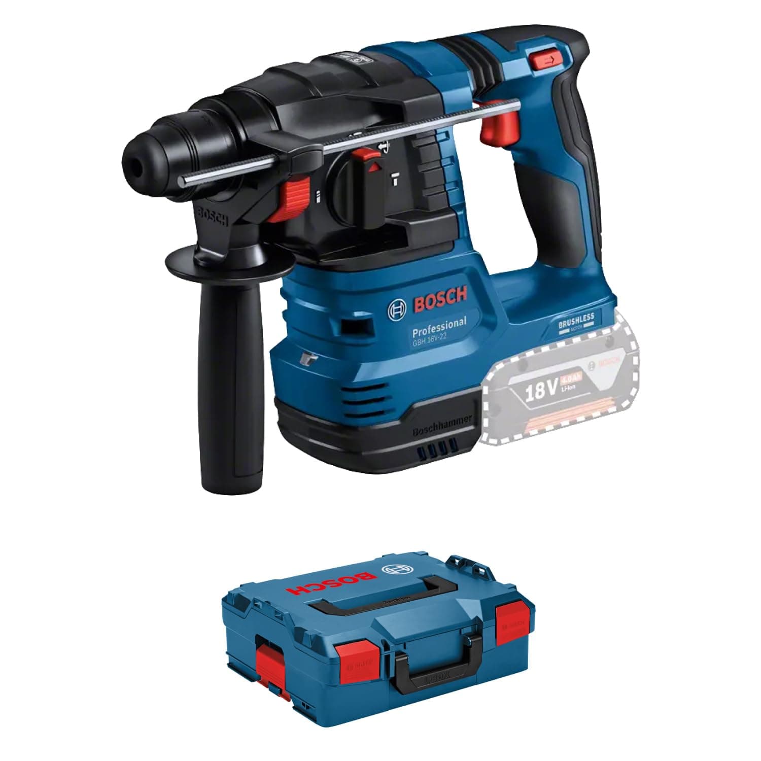Bosch Professional 18V System batteridrevet hammerbor GBH 18V-22 (med SDS Plus, tilbageslag og vibrationskontrol, inkl. L-BOXX, uden batteri/oplader) Batteridrevet