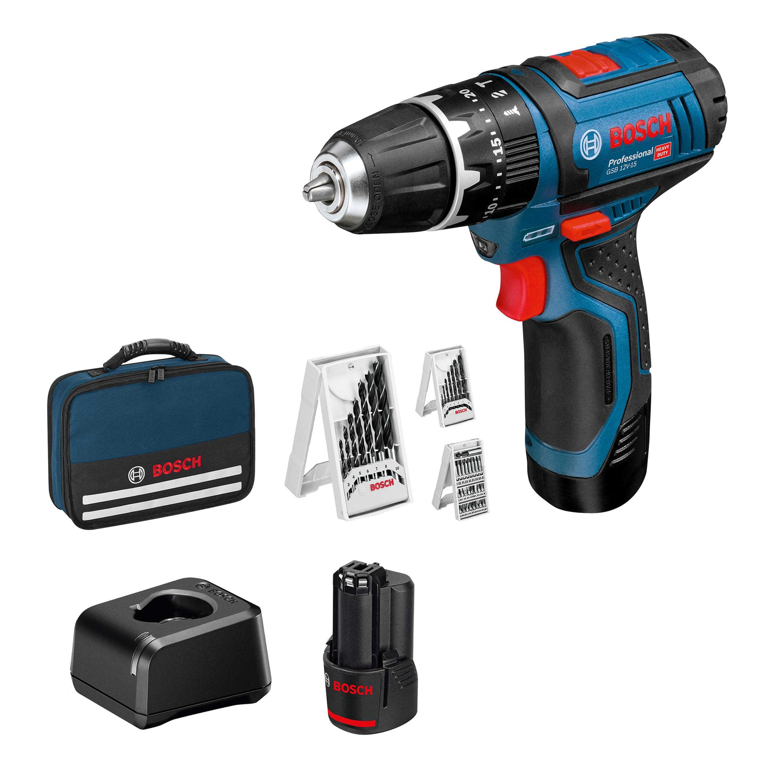 Bosch Professional 12V slagboremaskine GSB 12V-15 (inkl. 2x 2Ah + oplader + taske)
