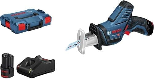 Bosch Professional 12V systembatteri tilbagegående sav GSA 12V-14 (skæredybde træ/metalprofiler: 65/50 mm, inkl. 2 savklinger, 2x 3,0 Ah batterier og oplader, L-BOXX)