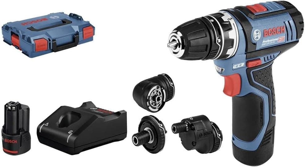 Bosch Professional 12V System Akku Bohrschrauber GSR 12V-15 FC - FlexiClick System (inkl. 2x 2.0Ah Akku, Ladegerät GAL 12V-40, 4x Aufsätze, L-BOXX)