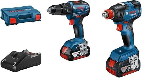 Bosch Professional 18V System Combo Kit: Slagskruemaskine GDX 18V-200 + Slagbore-/skruemaskine GSB 18V-55 (inkl. 2x 4.0Ah GBA 18V batteri, hurtigoplader GAL 18V-40, L-Case)