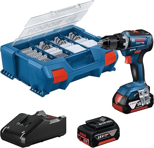 Bosch Professional 18V System Akku Bohrschrauber GSR 18V-55 (max. Drehmoment 55 Nm, 1.800 min⁻¹, inkl. 2x 4.0Ah Akku, Ladegerät GAL 18V-20, 82-teiliges Zubehör-Set, L-Case Pick & Click)