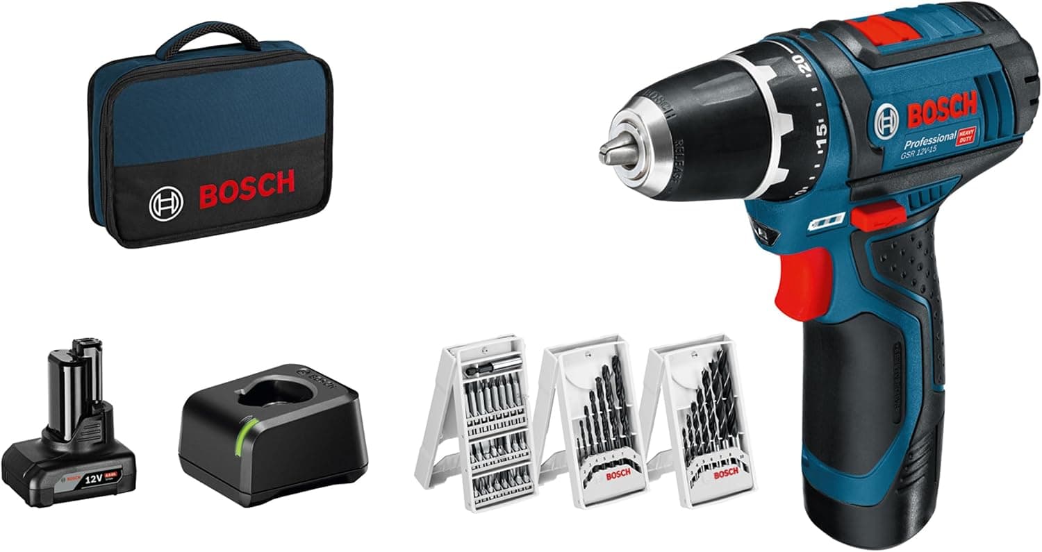 Bosch Professional 12V System Drill Driver GSR 12V-15 (39 stk. Tilbehørssæt, 1x 2,0 Ah batteri, 1x 4,0 Ah batteri, oplader, i taske), sort, blå, størrelse | 12V system; 39 stk. Tilbehørssæt; 1x 2,0 og 4,0 Ah batteri; oplader; sort; blå; batteridrevet