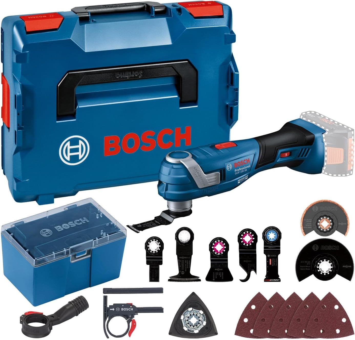 Bosch Professional 18V System Akku Multi-Cutter GOP 18V-34 (Vibration Control, inkl. mehrere Sägeblätter, 1x Schleifplatte, 5x Schleifblatt, 5x Zubehör, L-BOXX, ohne Akku/ Ladegerät)