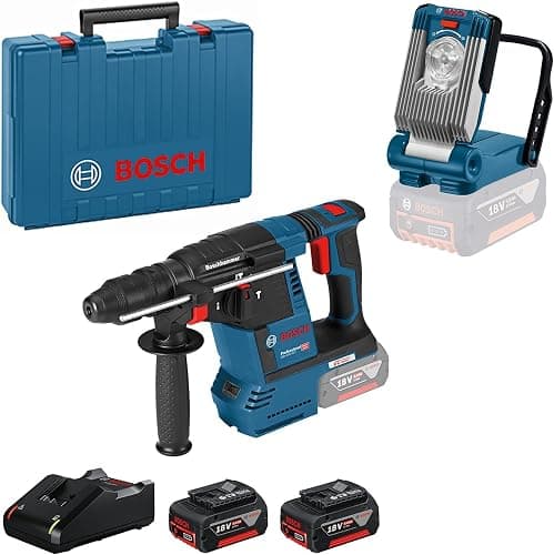 Bosch Professional 18V System batteridrevet borehammer GBH 18V-26 F & batteridrevet lampe GLI VariLED (inkl. 2x GBA 18V 4.0Ah, GAL 18V-40, dybdestop, selvspændende borepatron, håndværkerkuffert) - Amazon Exclusive