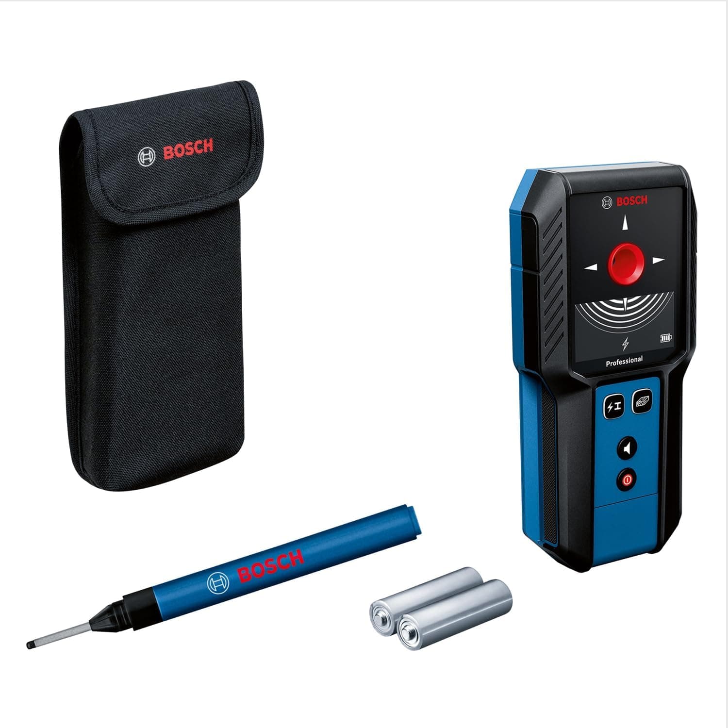 Bosch Professional lokaliseringsenhed GMS 120-27 (maks. Detektionsdybde Ikke-magnetisk metal/magnetisk metal/strømførende kabler/træ: 120/100/50/30 mm, markørpen, beskyttelsespose)