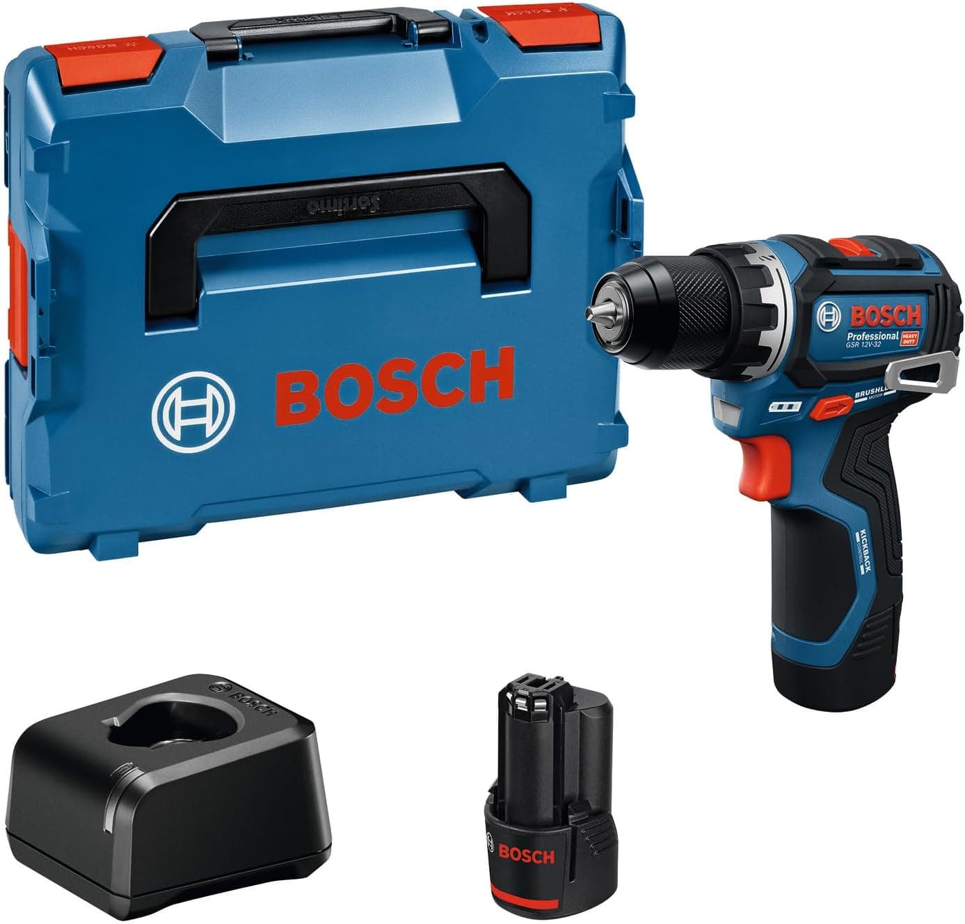 Bosch Professional 12V System batteridrevet bore-/skruemaskine GSR 12V-32 (Advanced KickBack Control, børsteløs motor, inkl. 2x 3,0 Ah batteri, GAL12V-40, L-BOXX)