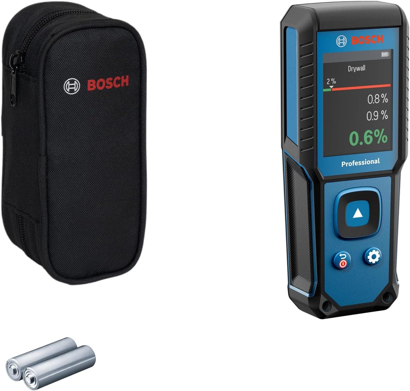Bosch Professional fugtmåler GMM 1-15|ikke-invasiv, måler 37 træsorter og 10 byggematerialer, beskyttelsesklasse IP 65, 2x AA-batteri, taske
