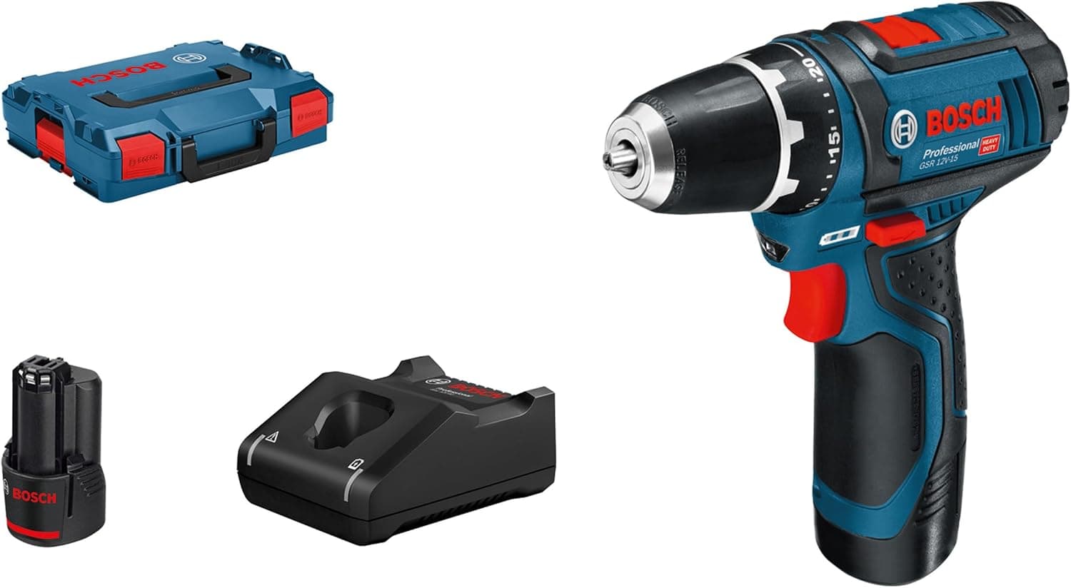 Bosch Professional 12V System batteridrevet bore-/skruemaskine GSR 12V-15 (inkl. hurtigoplader GAL 12V-40, 2x indsats, 2x batteri GBA 12V 2.0Ah, L-BOXX)