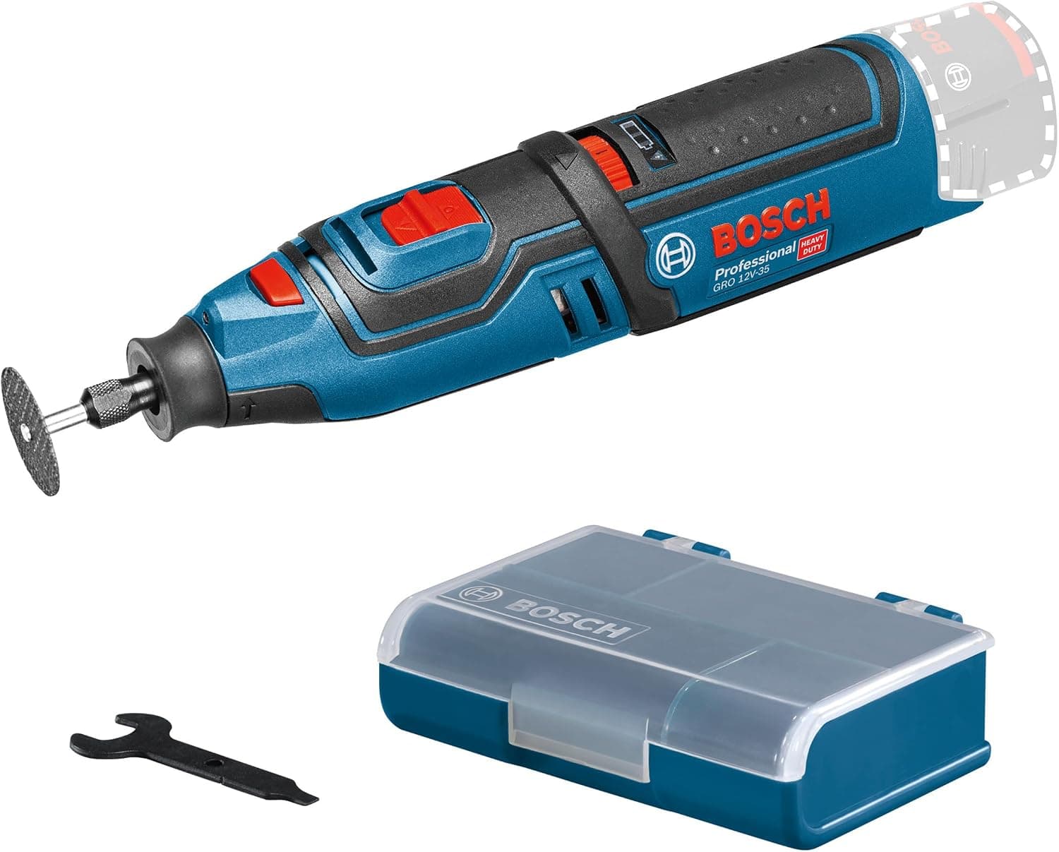Bosch Professional 12V System Akku Rotationswerkzeug GRO 12V-35 (inkl. Schlüssel, Spannzange, Trennscheibe, Zubehör Box, Einlage, ohne Akku/ Ladegerät) | Leistung und Universalität für professionelle Anwendungen GRO 12 V-35 + Kartonschachtel