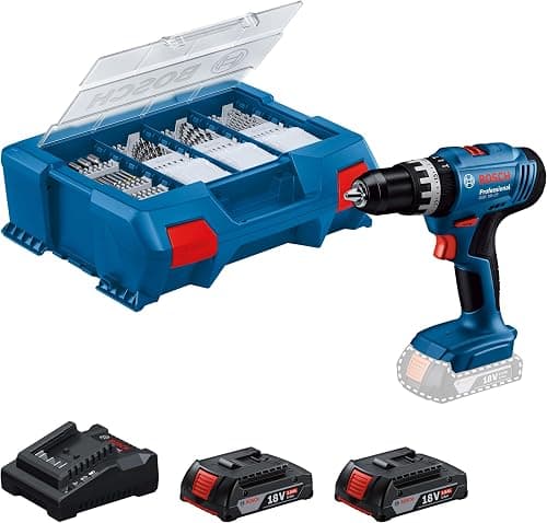 Bosch Professional 18V System batteridrevet slagboremaskine GSB 18V-25 (maks. Skrue Ø: 10 mm, inkl. 2x GBA 2,0 Ah, GAL 18V-20, 63 stk. Tilbehørssæt, L-Case Pick & Click)