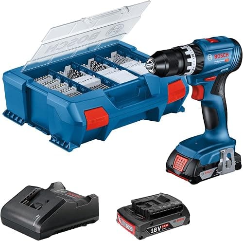 Bosch Professional 18V System batteridrevet slagbore-/skruemaskine GSB 18V-45 (omdrejningstal 1.900 min⁻¹, inkl. 2x 2.0Ah batteri, GAL 18V-2082, 82-dels tilbehørssæt, L-Case Pick & Click)