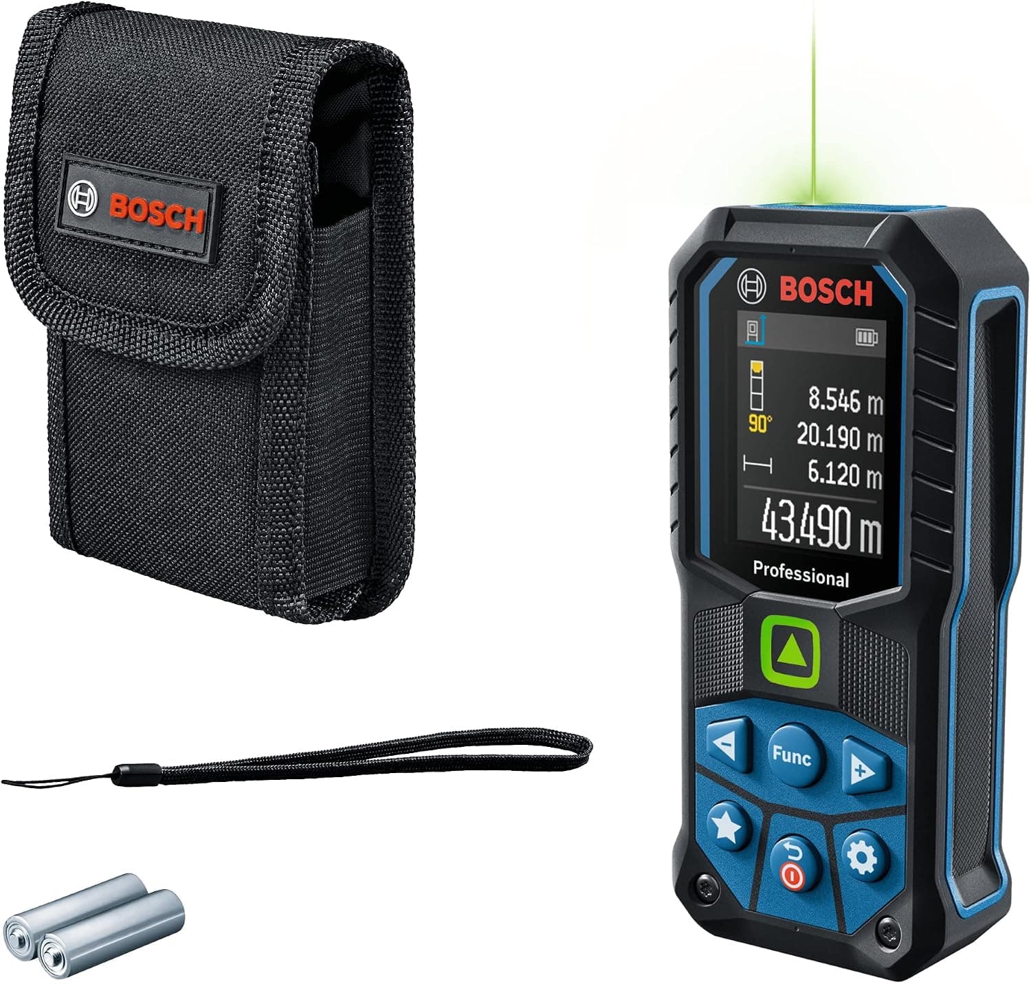 Bosch Professional Laser Rangefinder GLM 50-23 G | grøn laser, hældningssensor, rækkevidde: op til 50 m, robust, IP65, ± 1,5 mm*, 2x AA-batteri, sløjfe, taske