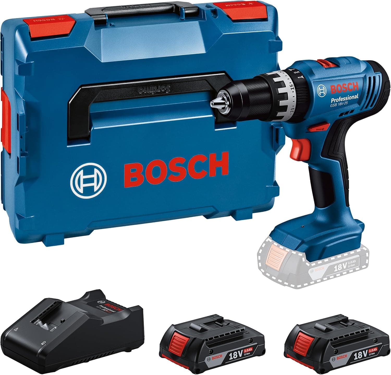 Bosch Professional 18V System Akku Schlagbohrschrauber GSB 18V-25 (max. Schrauben-Ø: 10 mm, inkl. 2x GBA 2.0 Ah, GAL 18V-40, L-BOXX)