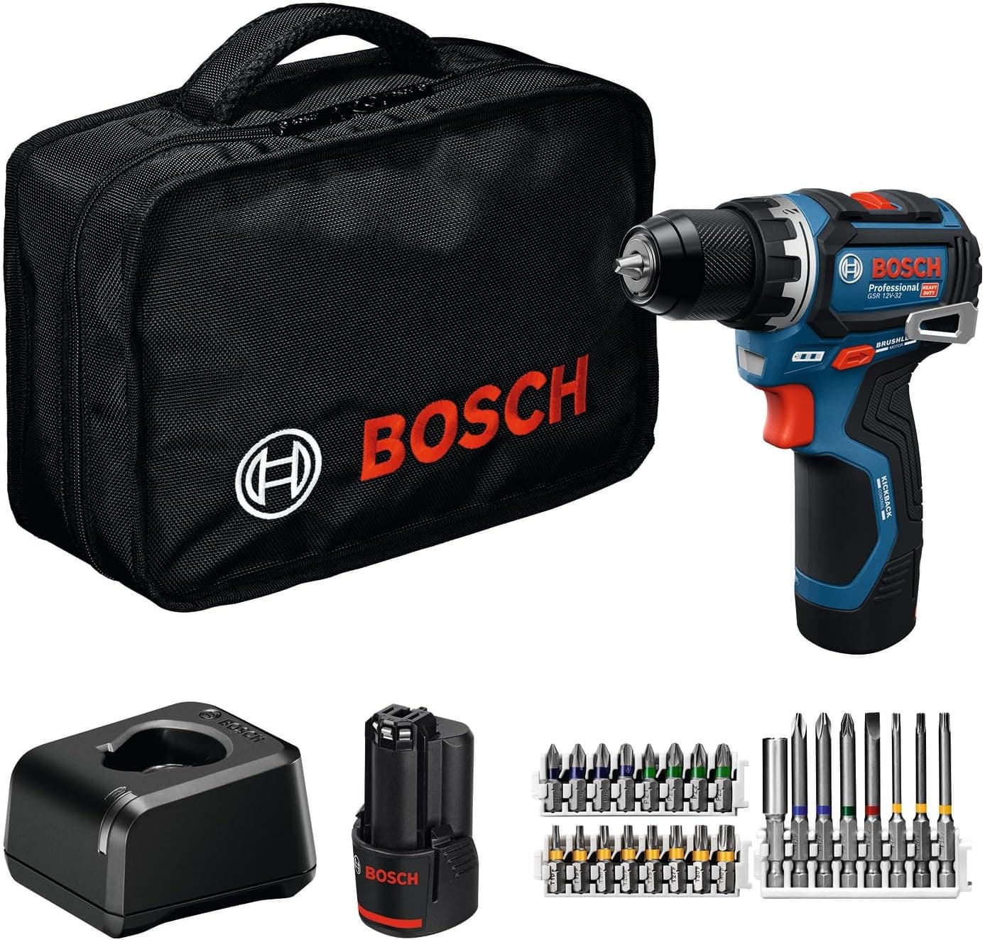 Bosch Professional 12V System Akku-Bohrschrauber GSR 12V-32 (Advanced KickBack Control, bürstenloser Motor, inkl. 2,0, GAL12V-20, Zubehör, Pick-and-Click-Einlage, Werkzeugtasche), Battery Powered